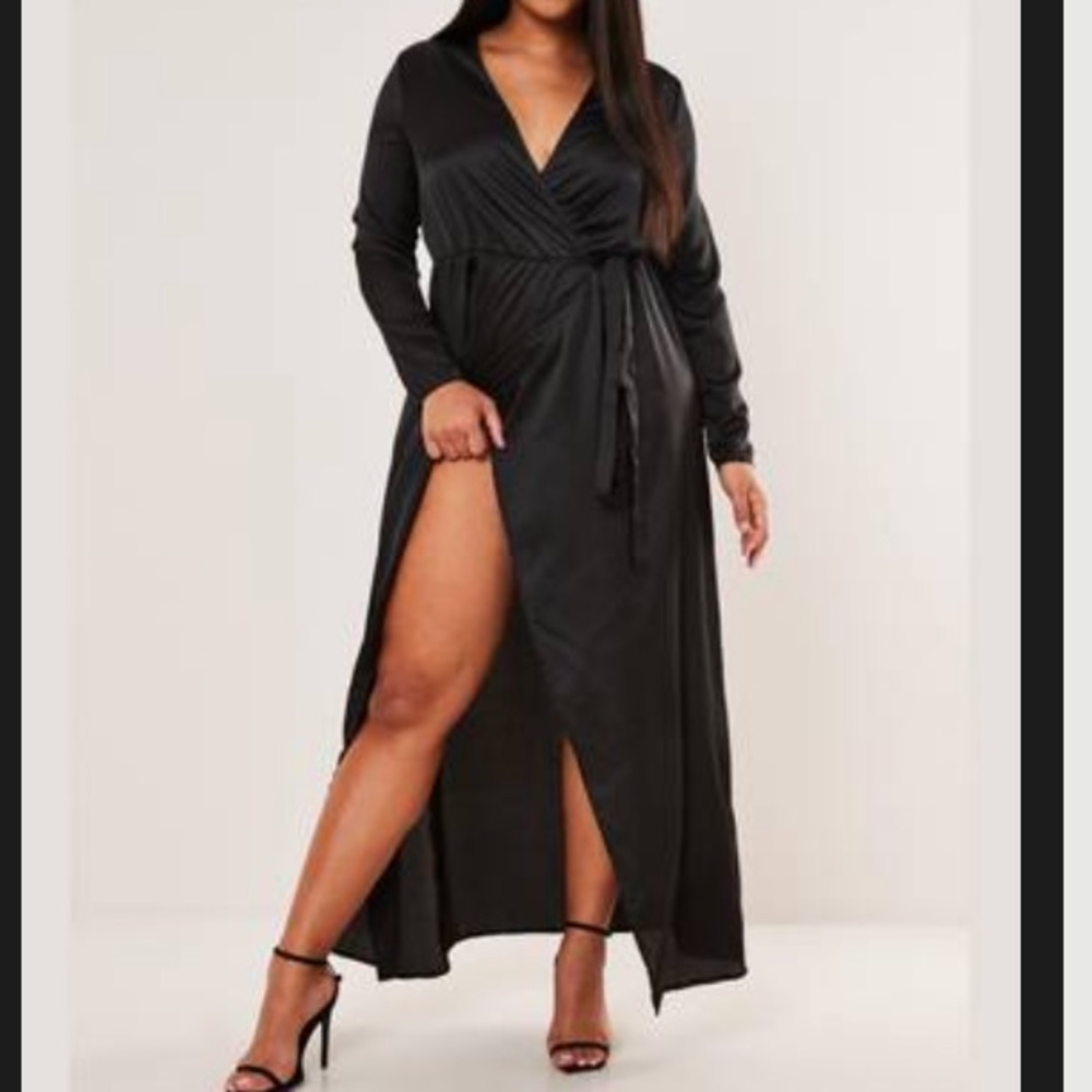 Missguided Plus Black Satin Wrap Maxi Dress